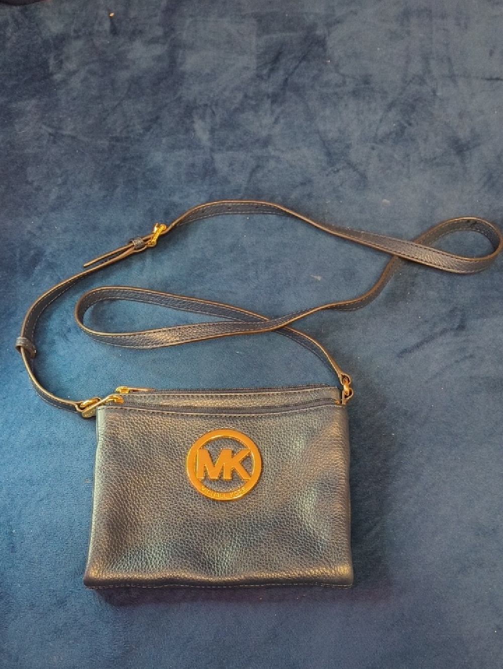 Michael Kors Black Leather Crossbody with Gold MK Medallion